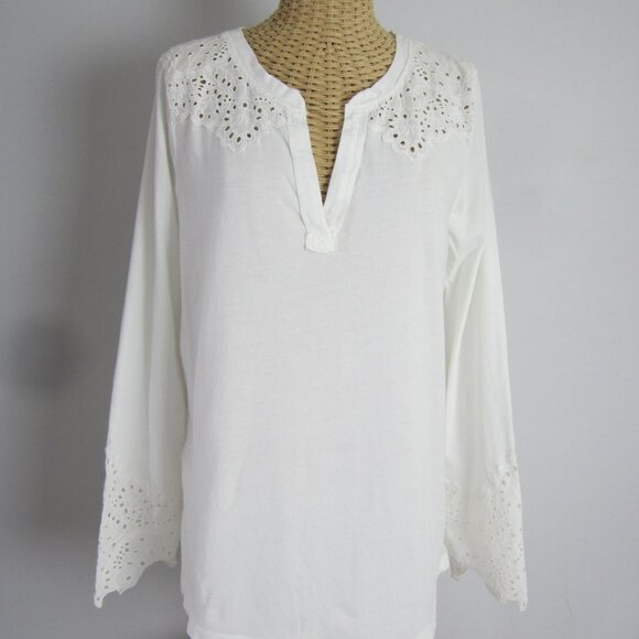 Sundance Womens Medium White Eyelet Lace Cotton Knit LS Shirt Stretch Boho - Picture 1 of 9